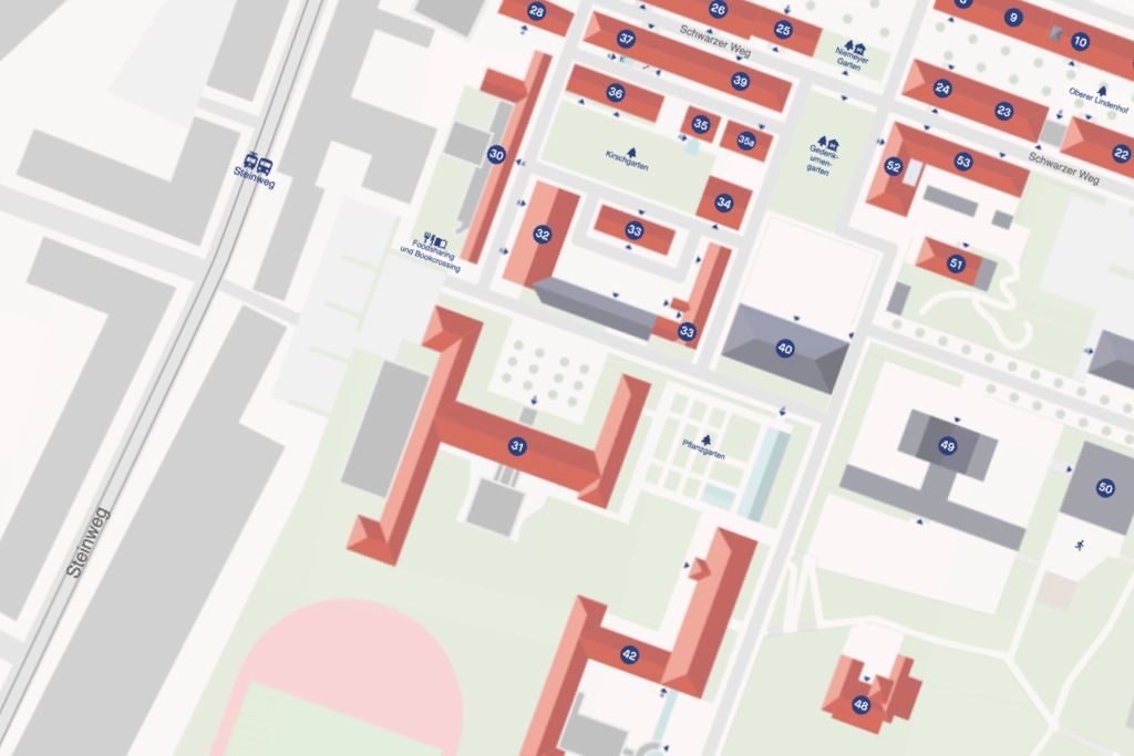 Wegeleitsystem Screenshot des digitalen Wegeleitsystems mit eingezeichneten Häusern auf dem Geländer der Franckeschen Stiftungen