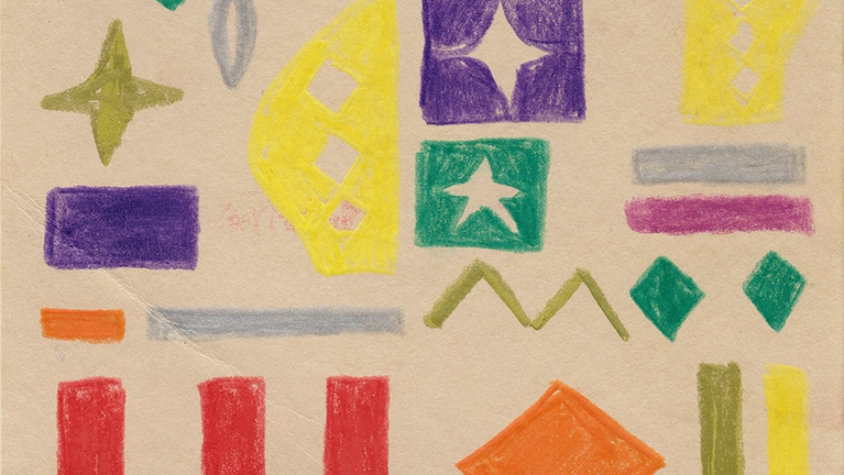 Zeichenblatt mit Formen und Farben aus Südindien, Bleistift auf Papier
