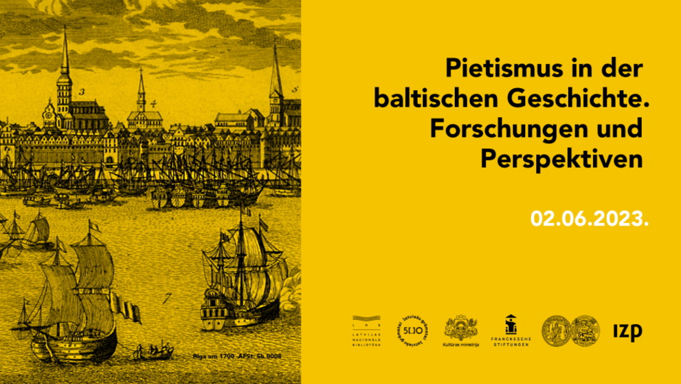Ausschnitt einer historische Abbildung der Stadt Riga mit Segelschiffen im Vordergrund, daneben Ankündigungstext einer Konferenz