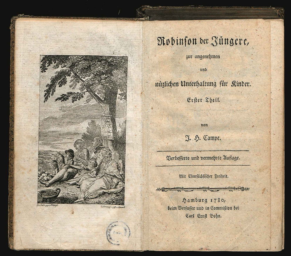 Title page and title copperplate of Joachim Heinrich Campe "Robinson the Younger".