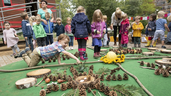 Children put together a huge Mandala of natural materials such as sunflowers, cones, wood and leaves.
