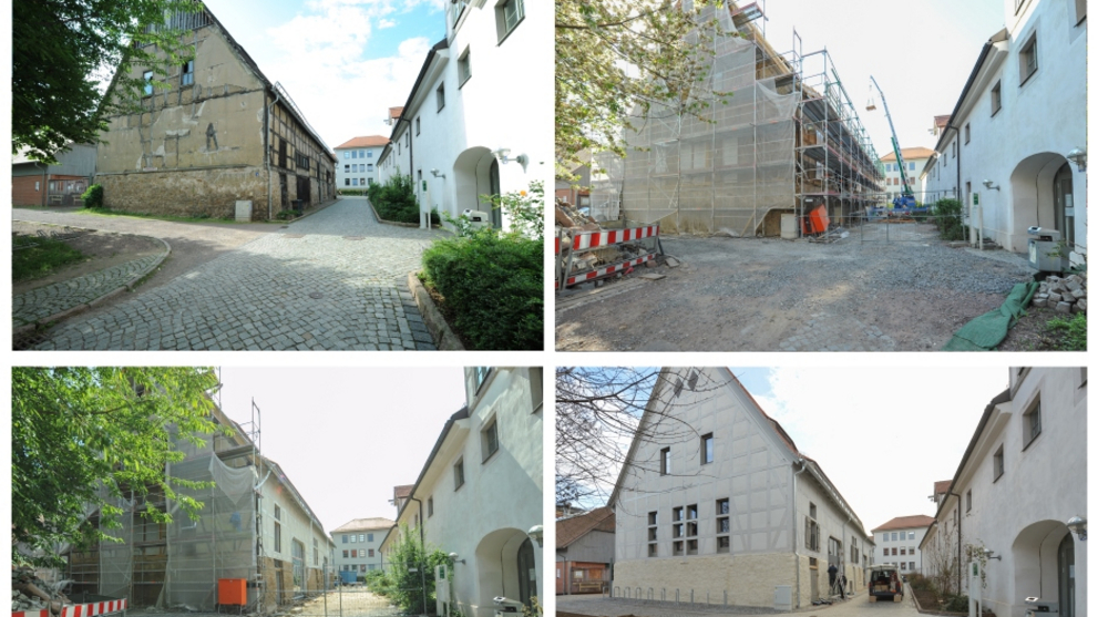 Four views of the Little Barn showing the progress of the refurbishment from its state before to its delivery. 