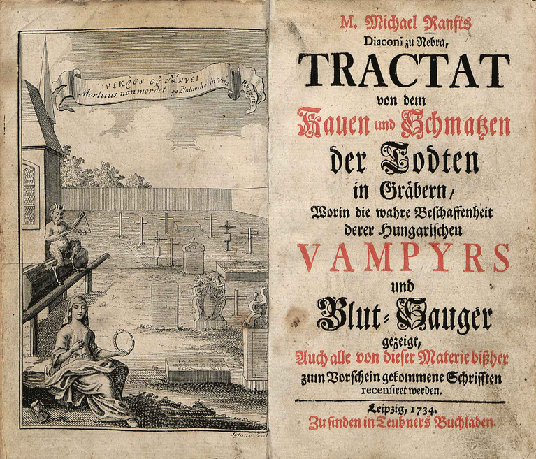 Title page and frontispiece of Michael Ranft "Tractat von dem Kauen und Schmatzen der Todten in Gräbern" 