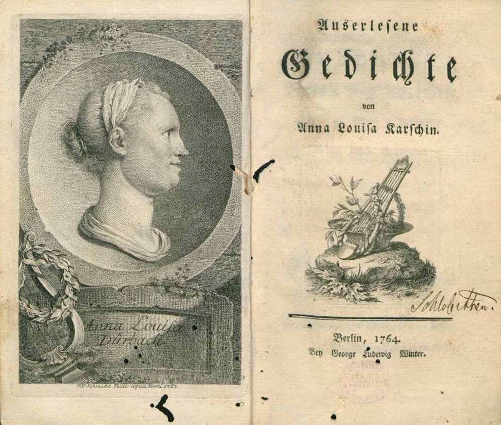 Title engraving and title page of Anna Luise Karsch "Auserlesene Gedichte".