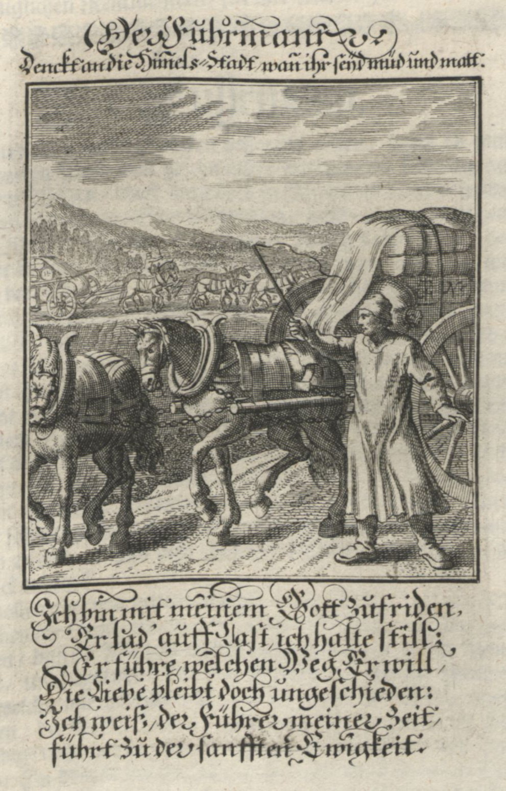 Ein Mann treibt ein Pferdefuhrwerk mit einer Peitsche an, im Hintergrund sind weitere Fuhrwerke zu sehen. Dazu ein Text in altertümlichen Buchstaben.