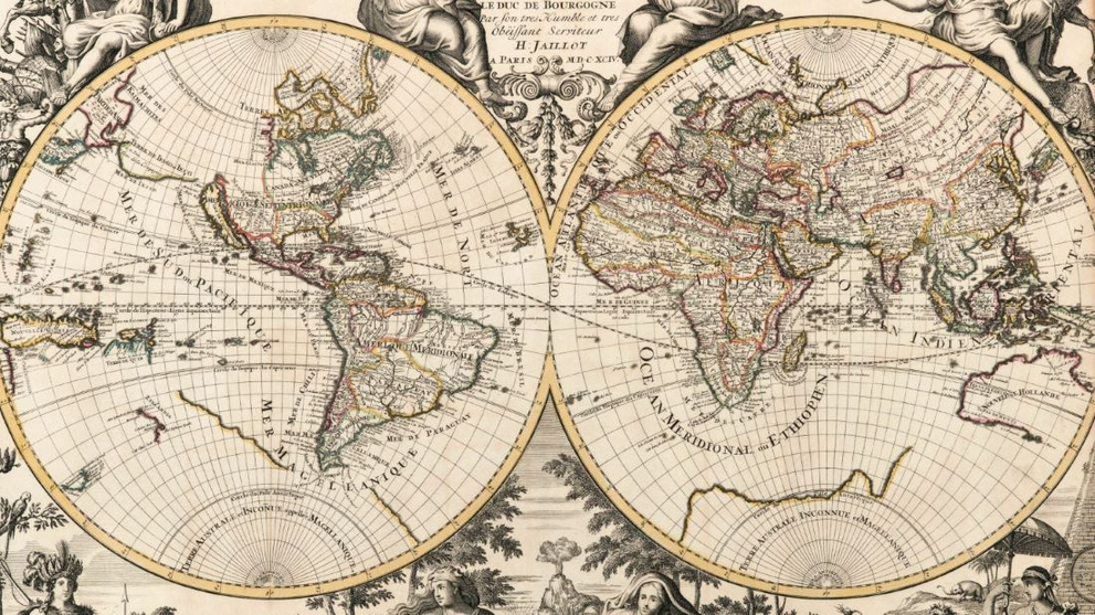 World Map of the Duke of Burgundy, copperplate engraving by Alexis Hubert Jaillot, Paris 1694