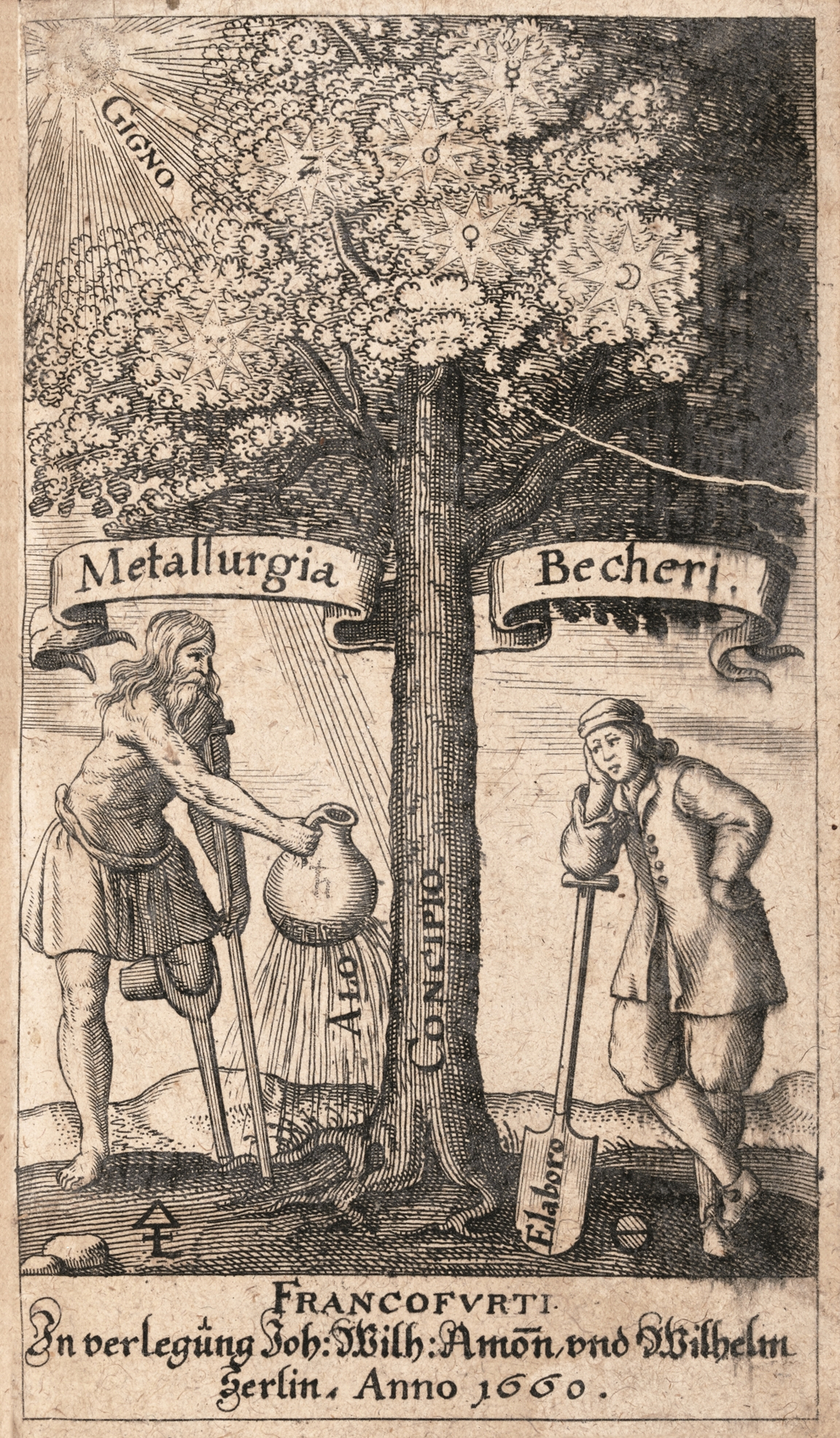 Der Bergmann und ein Einbeiniger stehen am allegorischen Baum der Alchemie.