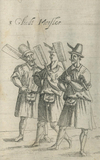 Zeichnung dreier Männern mit Hüten, die Schaufeln tragen