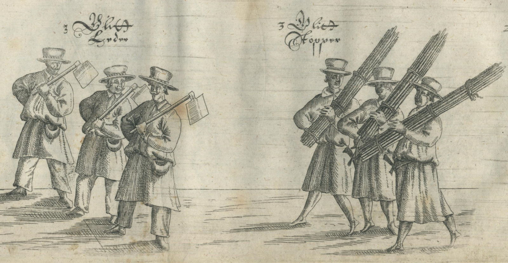 Zeichnung von drei Männern mit Hacken und drei Männern mit gebundenen Holzstangen