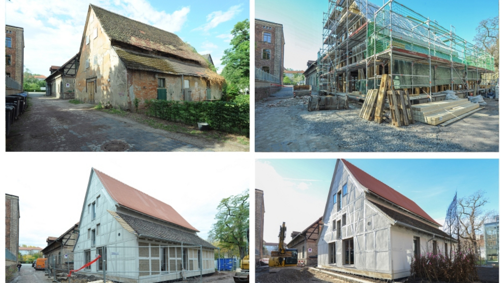 Four pictures of the Little Barn (from the east), showing the renovation of the building starting from the state before work began to its completion. 