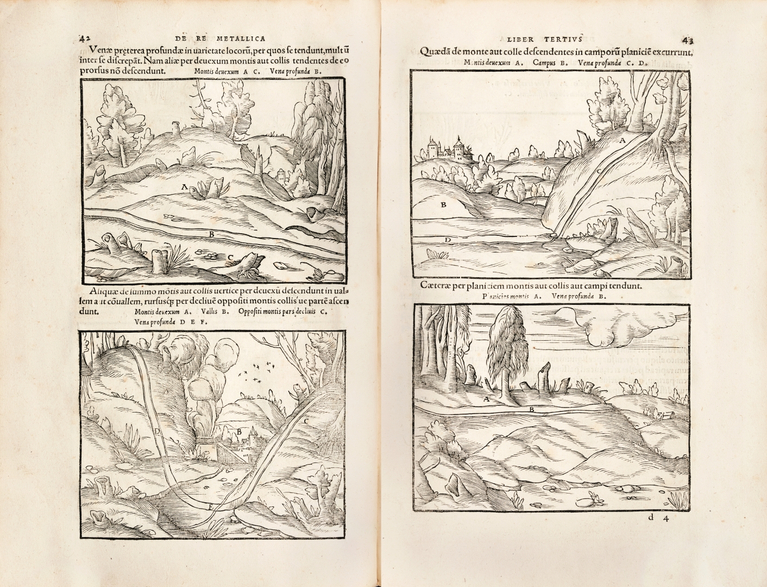Woodcuts of four different landscapes and ore veins in them.