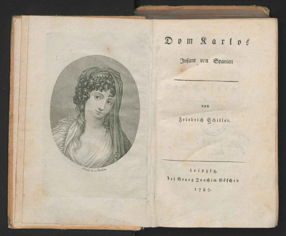 Titel engraving and title page of Friedrich Schiller "Dom Karlos. Infant von Spanien"