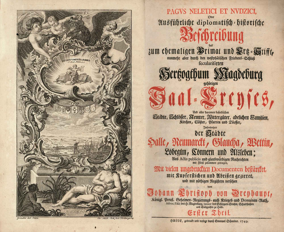 Title engraving and title page of Johann Christian von Dreyhaupt "Pagus Neletici Et Nudzici".