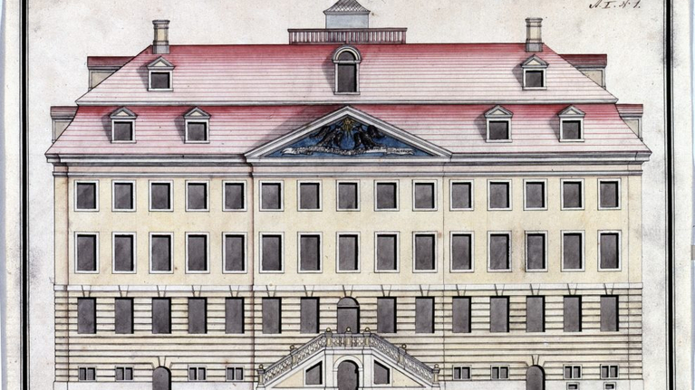 coloured copper engraving of the Historical Orphanage before 1750