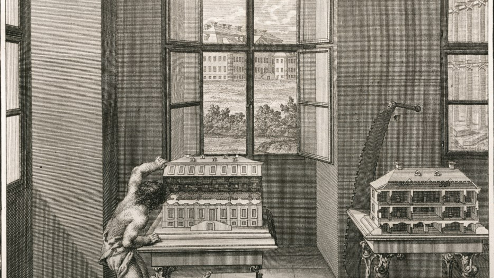 A copperplate engraving in Johann Friedrich Penthner's »Bürgerliche Baukunst« (1745) shows a putto opening a model of the Halle orphanage and looking out of the window at the original.