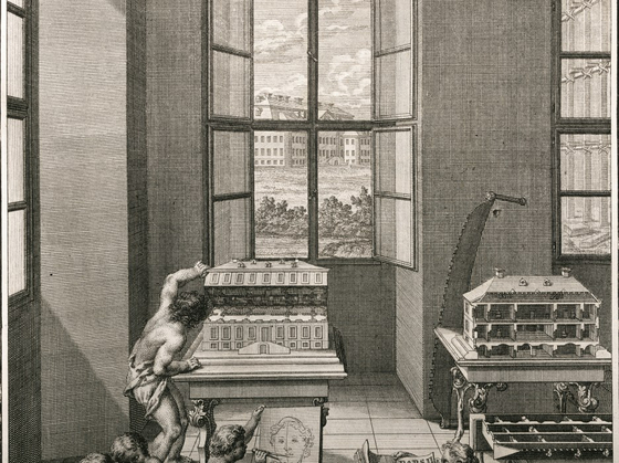 A copperplate engraving in Johann Friedrich Penthner's "Bürgerliche Baukunst" (1745) shows a putto in the foreground opening the wooden door of the Halle orphanage, looking out of the window at the original. 