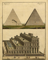 Illustration of pyramids and the hanging gardens of Semiramis of Babylon from Friedrich Justin Bertuch "Bilderbuch Für Kinder".