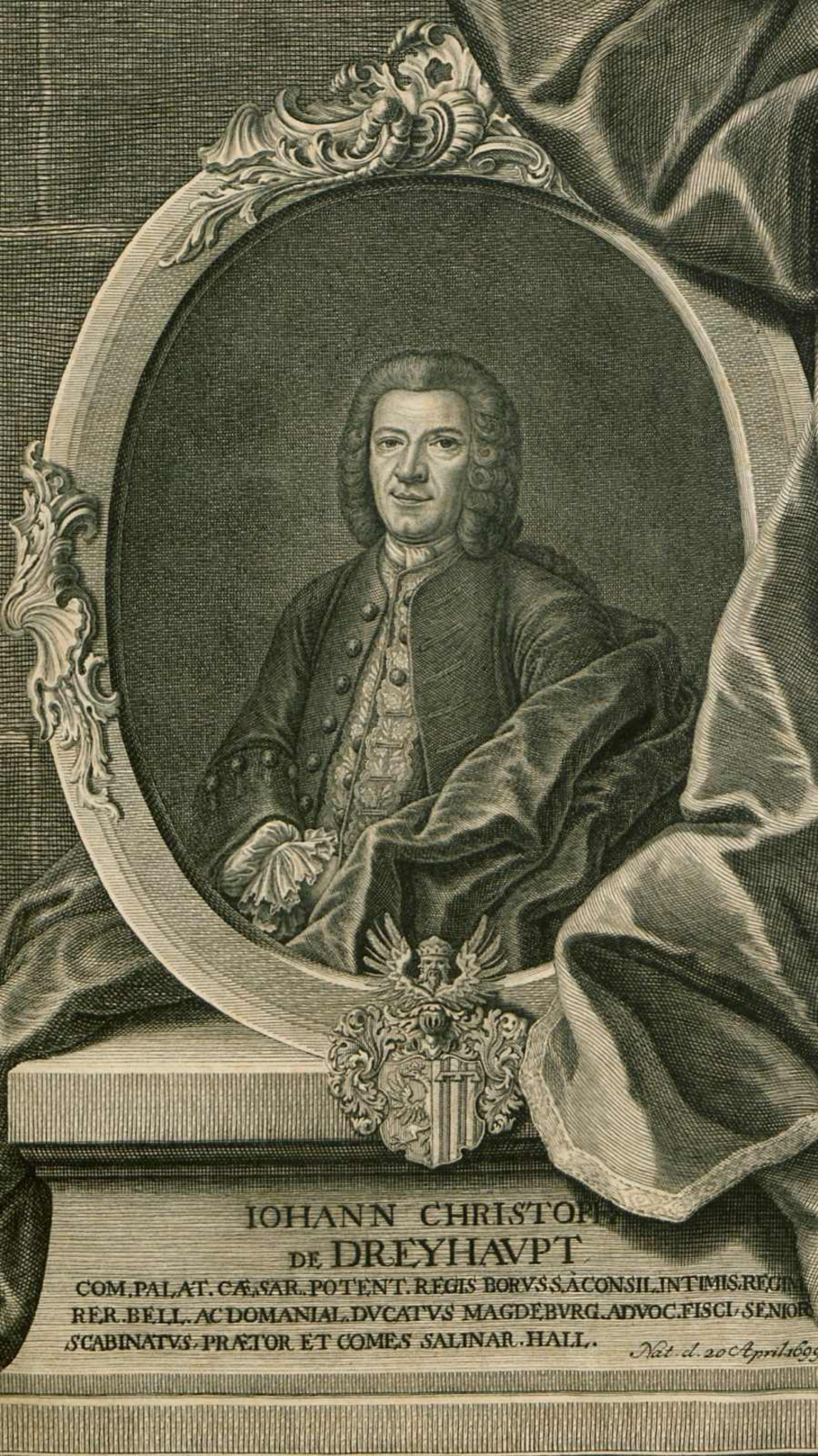 ein alter Kupferstich, darauf ist ein Mann mit Perücke in einem Schmuckrahmen abgebildet