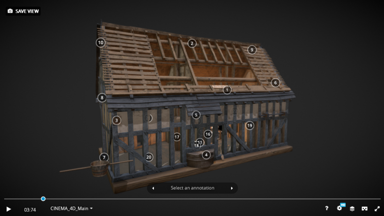 Screenshot of the screen with the 3D model of the large salt boiling hut.