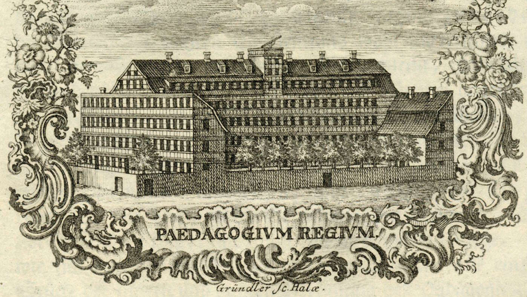 Kupferstich des Pädagogiumgebäudes in den Franckeschen Stiftungen, umrankt von Ornamenten