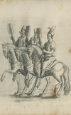 [Translate to Englisch:] Zeichnung dreier Männern mit Schaufeln, die auf Pferden reiten