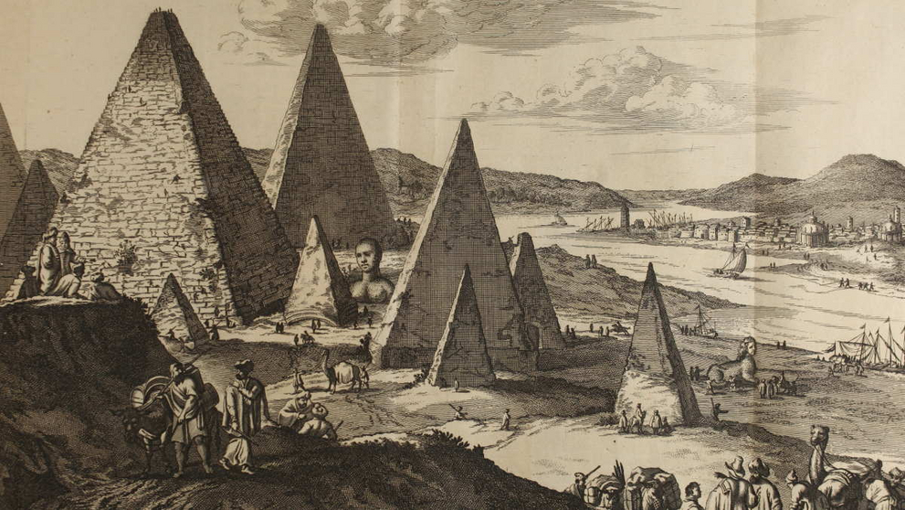 Ein Kupferstich aus dem Jahr 1668 mit ägyptischen Pyramiden unterschiedlicher Größe an einem Flussufer sowie Kamelen, Händlern und Reisenden