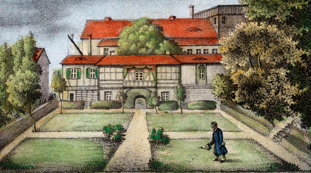 Blick in den Botanischen Garten des Königlichen Pädagogiums. Aus: Bilderbogen mit Detailansichten der Franckeschen Stiftungen. 1842. 